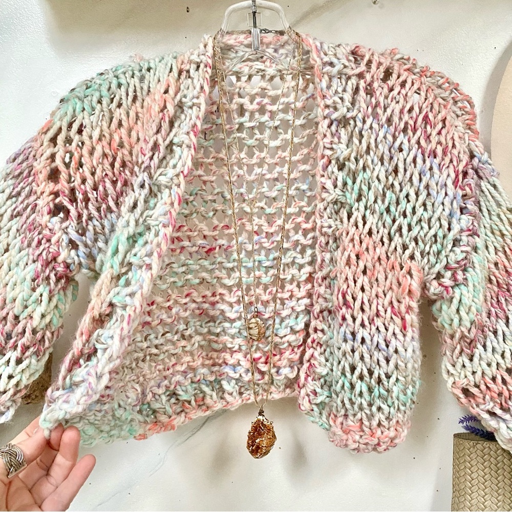 Artisan chunky knit cropped boho sweater w prairie shabby chic vibe - Picture 6 of 10